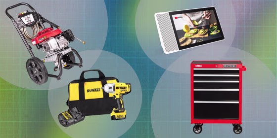 Illustration of different home tools to buy from Lowe's on sale for Black Friday