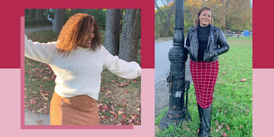 Writer Kamari Stewart wearing a checkered red skirt from Amazon and a short beige skirt