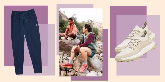 Lifestyle image of two people outdoors wearing the new Allbirds R&R collection, a pair of sneakers and a pair of blue sweatpants