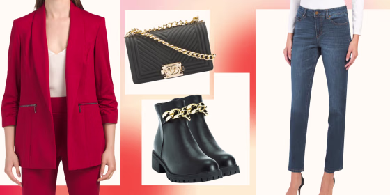 Illustration of a red suit, bag, boots and jeans from Marshalls online store