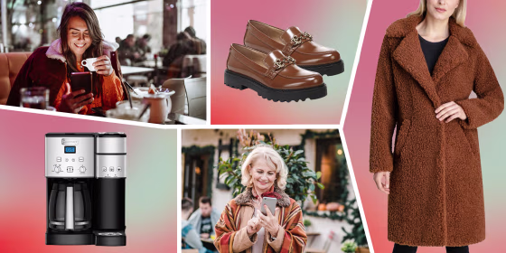 Illustration of two Women shopping online on their phone, pair of shoes, coffee machine and comfy coat