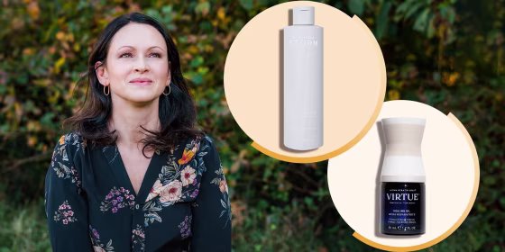 Illustration of a 40 year old Woman, Dr. Barbara Sturm Anti-Hair Fall Shampoo and Virtue Healing Oil