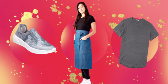 Illustration of Psudo Women's Sport Sneakers, Rendall Co. Kenwood Bistro Apron and Buck Mason Pima Curved Hem Tee