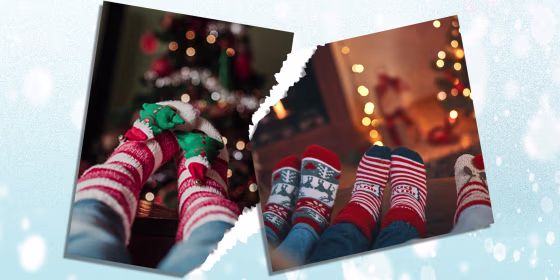 Illustration with two images of people wearing a fun pair of holiday socks