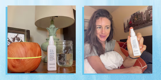 Two images from Writer Katie Jackson using her Deep Pillow Spray to help her sleep