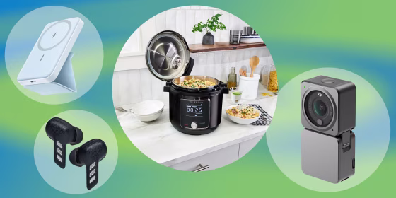 Illustration of a light blue Anker MagSafe product, wireless headphones from Adidas, the Action 2 camera and the Instant releases smart pressure cooker