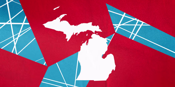 Illustration of a map of Michigan state with overlapping red and blue shapes with a crosshatch.