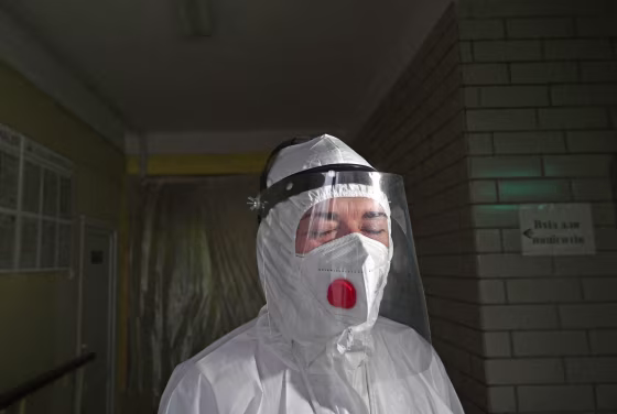 A medical staff member leaves the intensive care unit in one of the hospitals treating Covid-19 patients in Kiev
