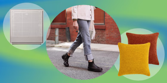 Illustration of Pillows from Burrow, Woman wearing Blundstone boots made from vegan materials and Coway Airmega 250S air purifier