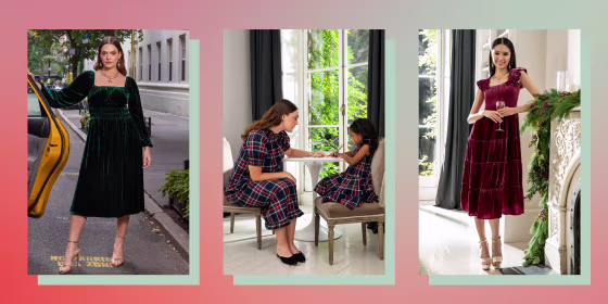 Woman and children wearing different styles of the Hill House Nap Dresses