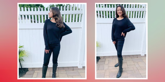 Two images of Jillan Ortiz wearing the Levi Strauss & Co Totally Shaping Pull-on Skinny Jeans in black