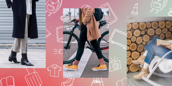 Illustration of people wearing black booties, yellow sneakers and warm beige boots outside