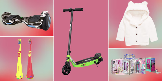 Illustration of Razor electric scooter, a Hoverboard, LOL Surprise Set, this precious little coat, and two Hum Toothbrushes on sale for Kids this Black Friday