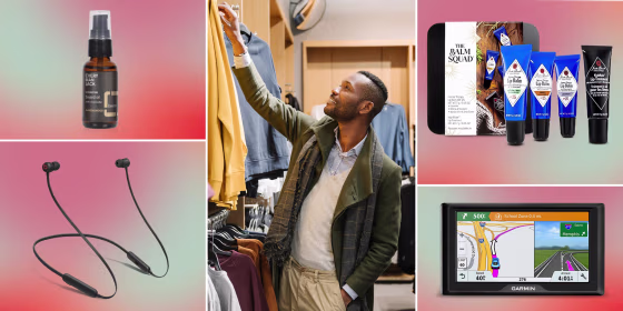 Illustration of a Man shopping, Beats Flex Wireless Earbuds, Every Man Jack Sandalwood Beard Oil, Garmin Drive 52 GPS and Jack Black It's the Balm Set