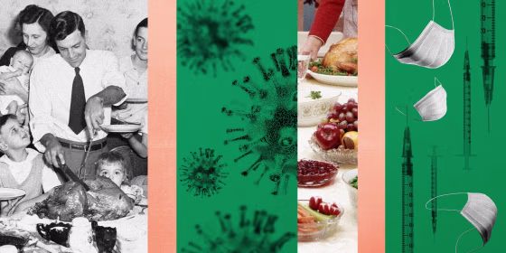 Illustration shows Thanksgiving scenes, Covid-19 spores, floating masks and syringes.