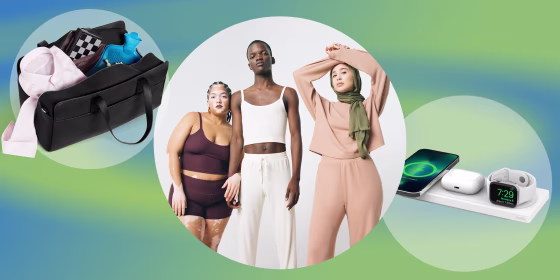 Illustration of three people modeling the new Parade fashion collection, Away Duffle bag with items in it, and Apple Watch Series 7 3 in 1 charging station
