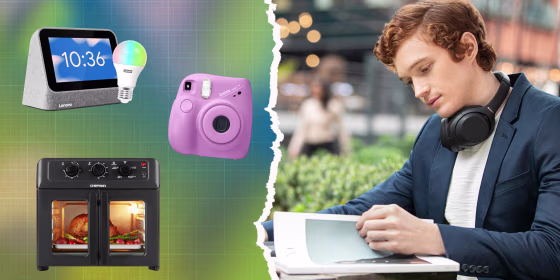 Man reading and wearing his SONY headphones around his neck, a Chefman French Door Air Fryer + Oven, FUJIFILM Instax Mini 7+ and the Lenovo Smart Clock Gen 2 + Color Smart Bulb. Walmart Black Friday deals are still available and you don't want to miss the