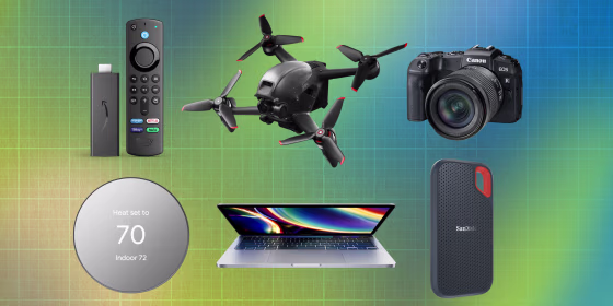 Illustration of Amazon Fire TV Stick 4K Max Streaming Device, Apple Macbook Pro 13-Inch Laptop, SanDisk 4TB Extreme Portable External Solid State Drive, Google Nest Smart Thermostat, Canon EOS RP Full-Frame and a DJI FPV Drone Combo