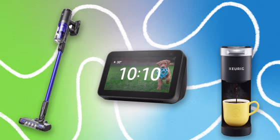 Illustration of Keurig K-Mini Single-Serve K-Cup Pod Coffee Maker, Amazon Echo Show 5, and Anker eufy HomeVac S11 Reach