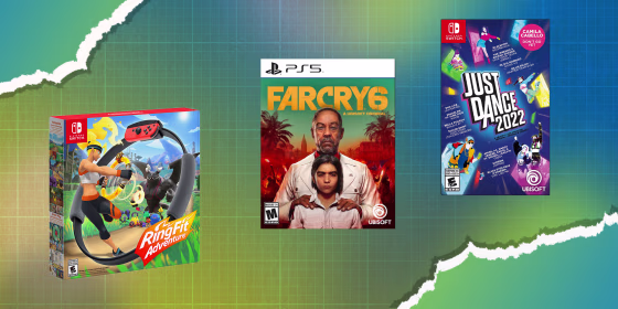 Illustration of Ring Fit Adventure, Far Cry 6, and Just Dance 2022
