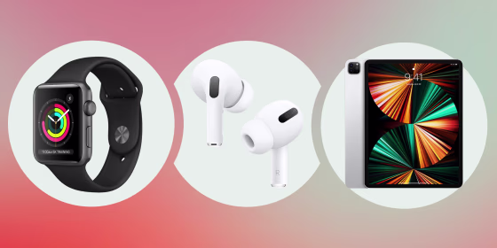 Illustration of the Apple Watch, Apple iPad and Apple AirPods