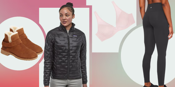 Illustration of UGG(R) McKay Water Resistant Bootie, Wunder Under High-Rise Tight 28" *Full-On Luxtreme, Patagonia Micro Puff Insulated Jacket and ThirdLove 24/7 Pima Cotton Plunge Bra