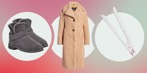 Illustration of the UGG(R) McKay Water Resistant Booties in gray,  Teddy Bear Long Coat and the Lucea 1-inch Styling Iron
