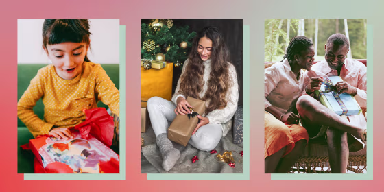 Illustration of a little girl, a young adult and a couple opening up gifts