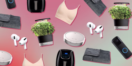 Illustration of the Blink Video Doorbell, AeroGarden Harvest, Altavida 12-Pound Ultra Plush Weighted Blanket, PowerXL Vortex 3qt Air Fryer, Apple AirPods Pro, Sony Wh-XB910N, True & Co. True Body Lift Full Cup Triangle Bra and Bissell SpinWave
