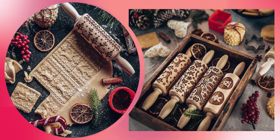 Two images of a reindeer rolling pin, an embossing rolling pin, and an engraved rolling pin by laser