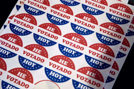 "He Votado Hoy" stickers or I voted today at a polling place in Philadelphia, on May 21, 2019.