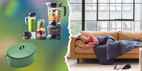 Illustration of the NutriBullet ZNBF30500Z Blender Combo, the The Dutchess in blue from Great Jones and a Woman laying on her couch wrapped in the Weighted Throw Blanket. Here are the best home and kitchen Black Friday deals happening right now. Add flavo
