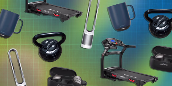 Illustration of Ember 14-Ounce Smart Mug, Dyson Pure Cool TP01 Purifying Fan, Tru Grit 40-pound Adjustable Kettlebell, Jabra Elite 75t In-Ear Headphones and Bowflex BXT6 Treadmill on sale for Best Buy Cyber Monday