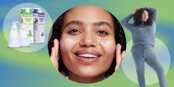 Illustration of the new Cleancult foaming hand soap, close-up of a woman using CoverGirl CleanFresh skin care and a Woman wearing a blue set from the Knix Cozzzy Collection