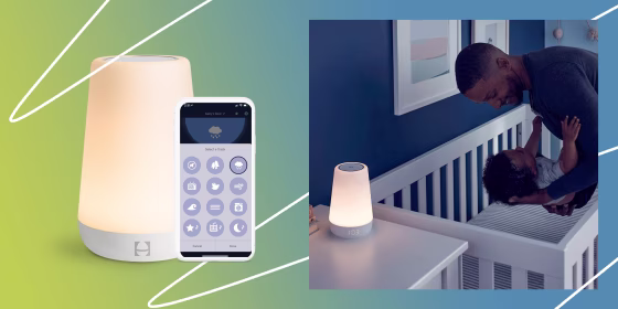 Illustration of the Hatch Rest Smart Sound Machine and a dad putting his baby to bed next to the Hatch Rest Smart Sound Machine