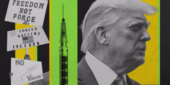 Photo illustration of anti-vaccine protest signs, a syringe, and former-President Donald Trump