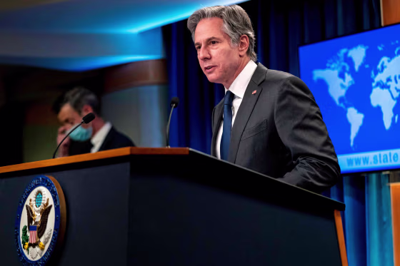 U.S. Secretary of State Antony Blinken speaks in the briefing room of the State Department on Jan. 7, 2022.