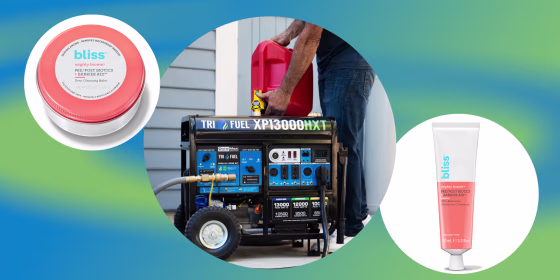 Photo illustration of the Bliss Mighty Biome deep cleansing balm and a Duromax Portable Generator and the Bliss Mighty Biome moisturizer.