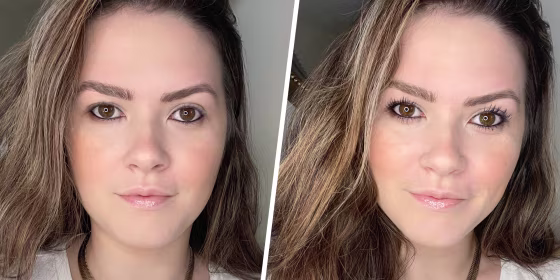 Before and after image of Casey DelBasso wearing L'Or?al Paris Makeup Telescopic Original Lengthening Mascara