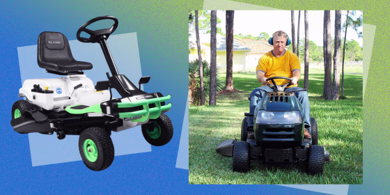 Illustration of the Weibang E-Rider 30in Riding Mower and a man mowing his lawn