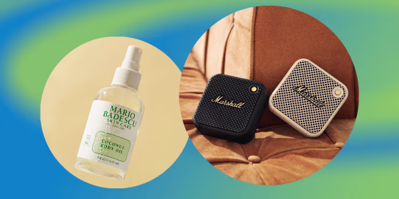 Illustration of the Mario Badescu Coconut Body Oil and the Marshall Emberton II and Willen portable speakers