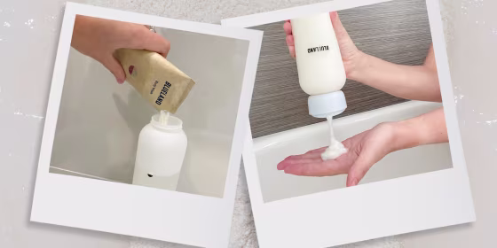 Split image of a hand squeezing Blueland soap into a hand and a packet making the soap