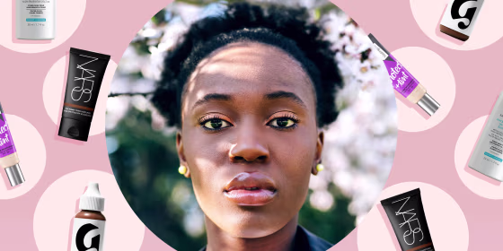 Illustration of a Beautiful young black girl against blossom spring trees and different tinted moisturizers