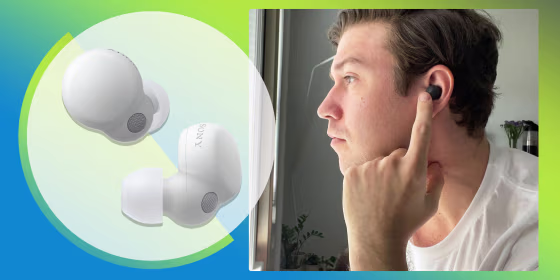 Illustration of Editor Justin Krajeski wearing the new Sony Linkbuds in black and the Sony Linkbuds in white