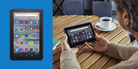 Image of a Man holding the new Amazon Fire 7 and the Amazon Fire 7 by itself