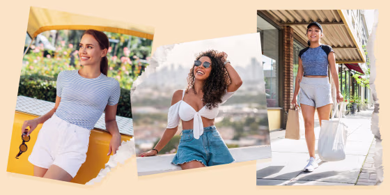 Three photos of Women wearing different styles of high-waisted shorts