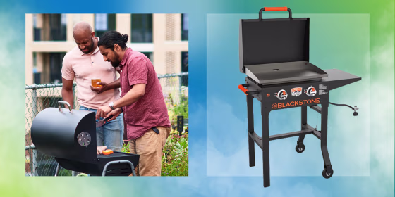 Illustration of a Blackstone On-The-Go 22-Inch Cart Griddle W/ Hood and two guys using a BBQ