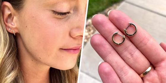 Split image of Editor wearing and holding the Pavoi 14K Gold-Plated Cuff Earrings