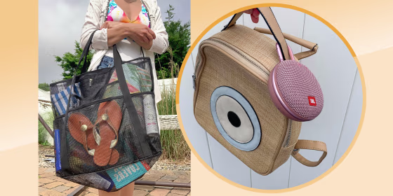Split image of someone holding a beach bag and a bag with a speaker
