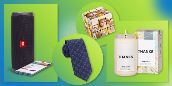 Illustration of a tie, candles, Custom Photo Rubik's Cube and speakers